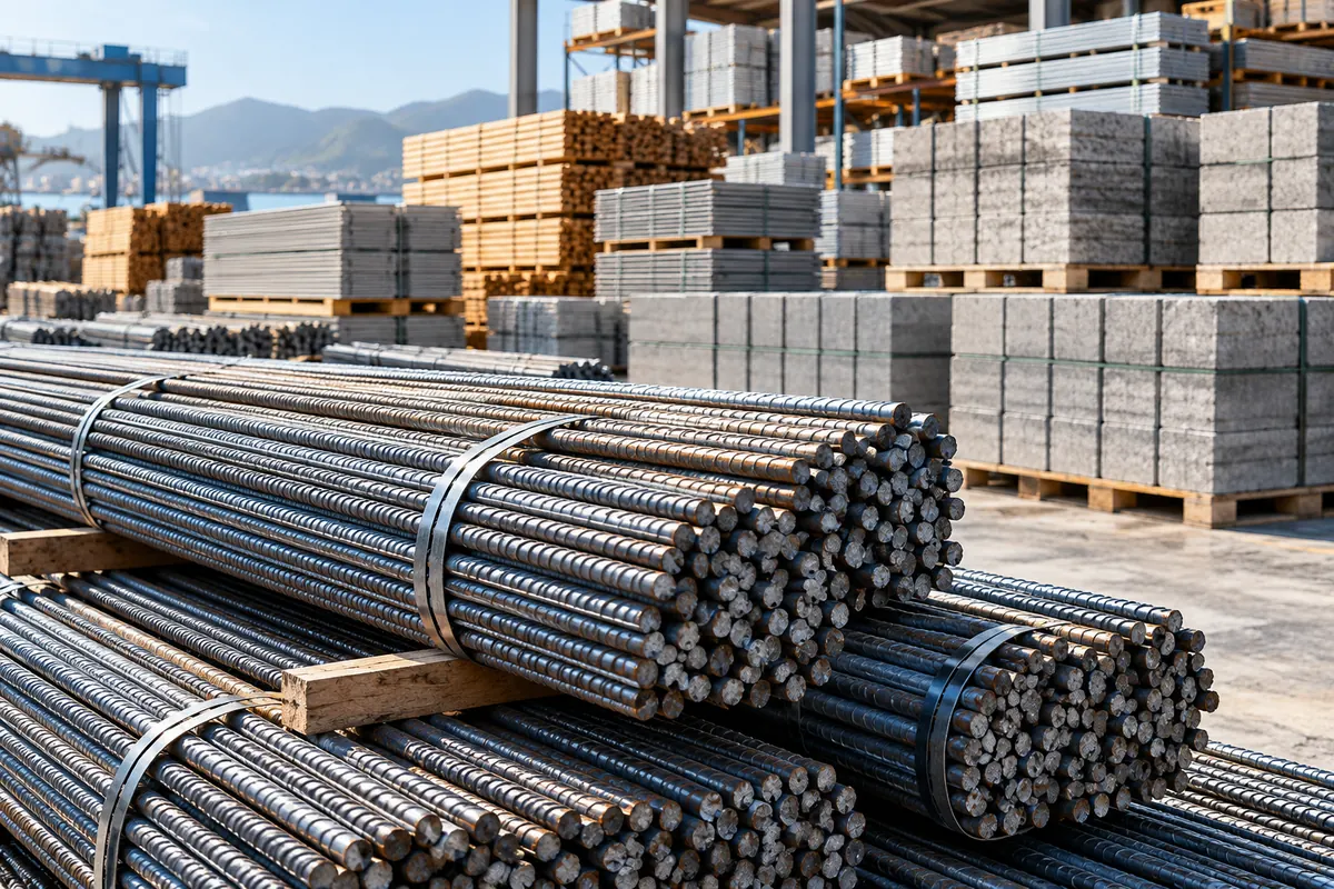 Steel rebar, concrete blocks, and stacked building materials.