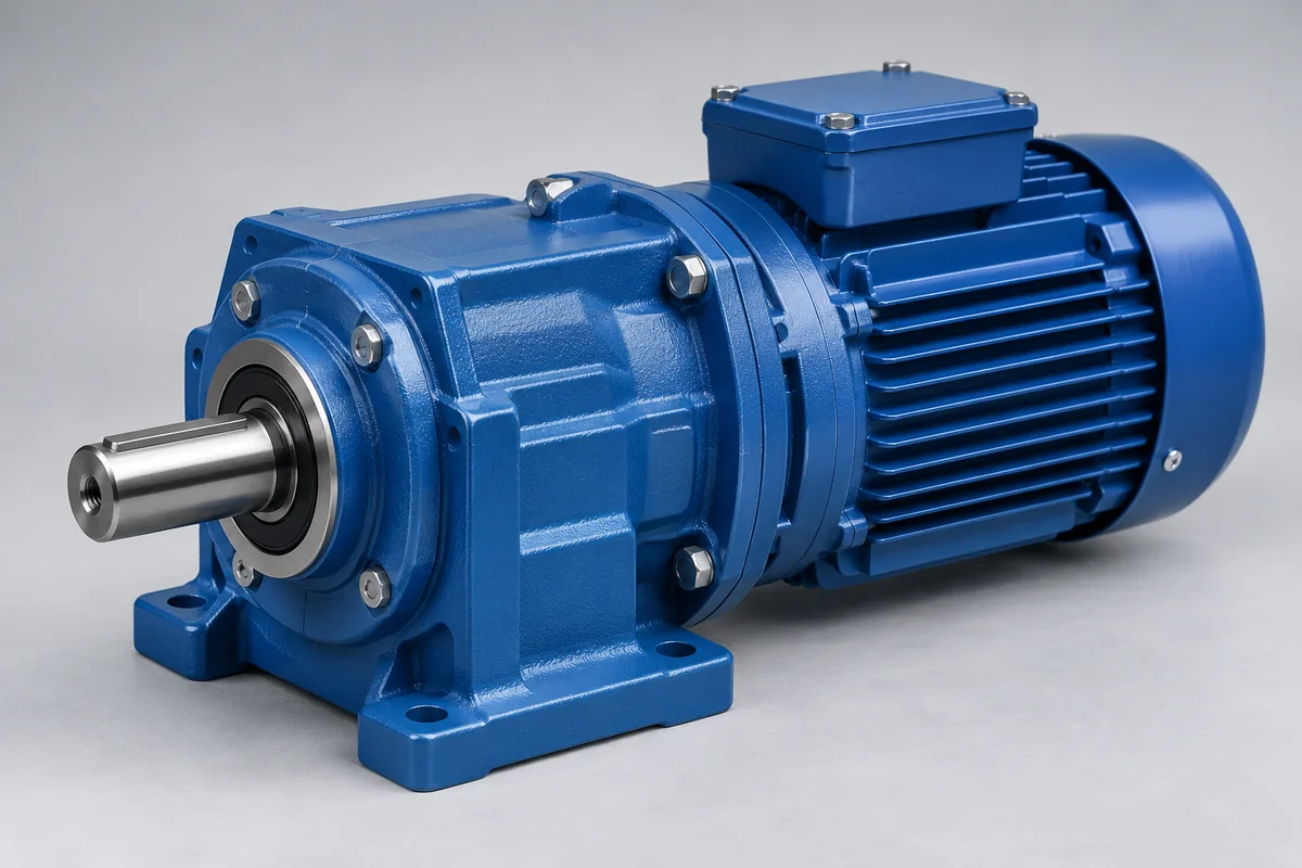Compact blue industrial electric gearmotor with cooling fins and a polished output shaft.