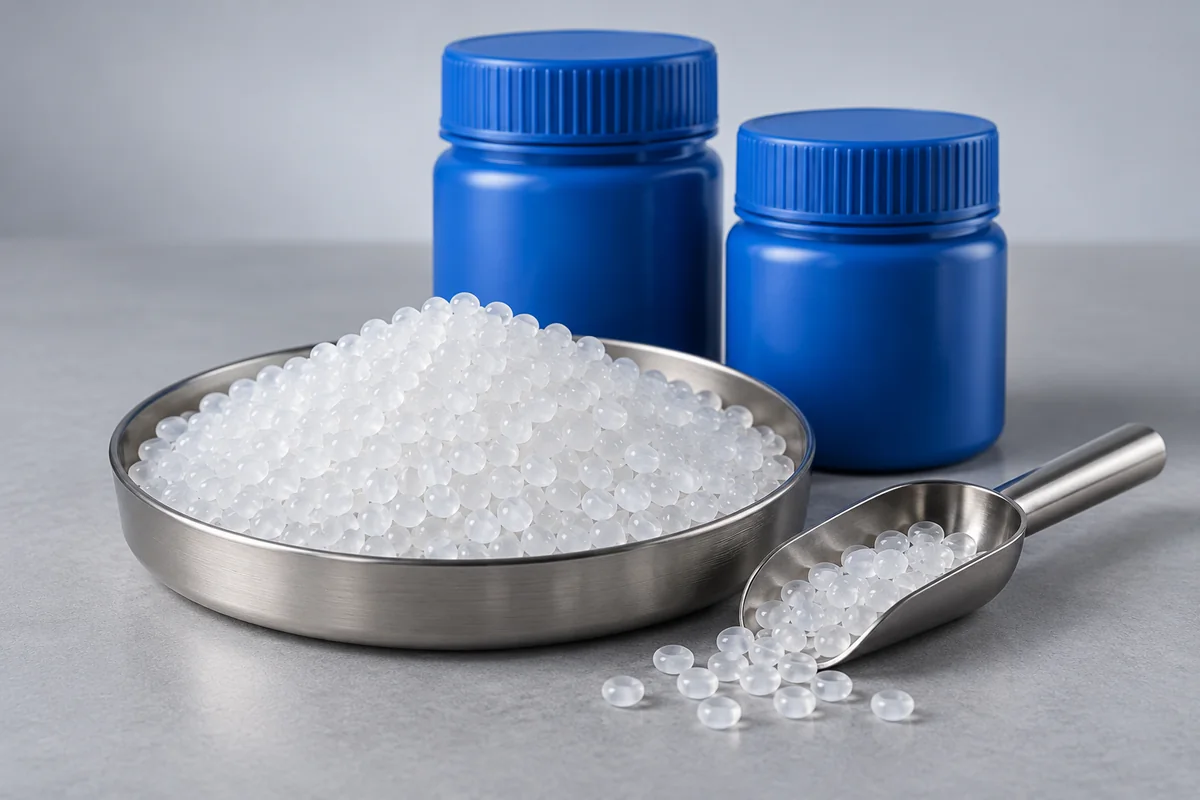 Polymer resin granules in a sample dish and scoop beside blue sample containers.